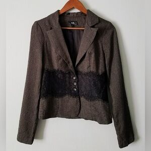 I.N. San Francisco Cropped Brown Blazer with Black Lace Accent Boho Academia Y2K
